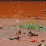 DALL·E 2023-01-10 05.36.20 - Frogs and locusts and lice jump out of the river whose water is red.png